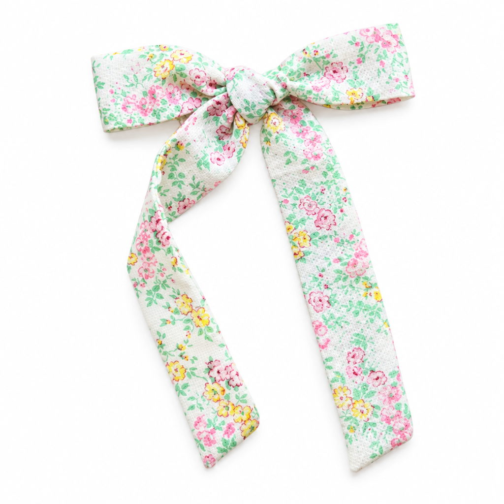 Cottage Floral Bow - pastel floral long-tail hair bow clip