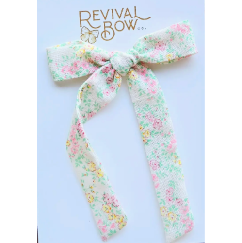 Cottage Floral Bow - pastel floral long-tail hair bow clip